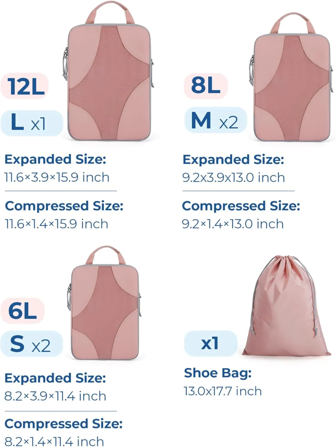 BAGSMART Compression Packing Cubes for Travel, Compressible Luggage Organizer for Cruise Ship, Lightweight Travel Essentials 6-Pack 1L 2M 2S 1Shoe Bag
