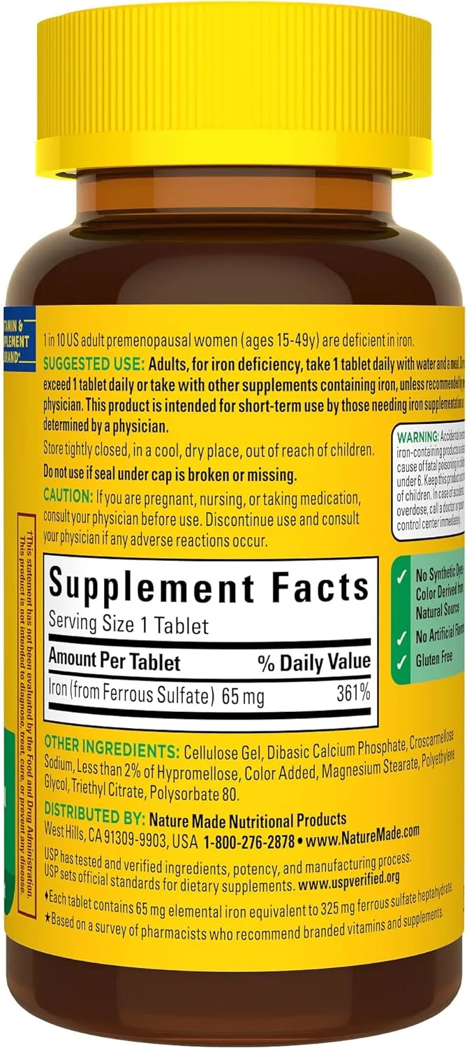 Nature Made Iron 65 mg (325 mg Ferrous Sulfate) Tablets, Dietary Supplement for Red Blood Cell Support, 180 Tablets, 180 Day Supply