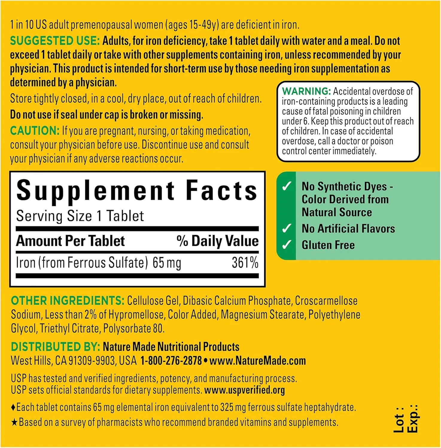 Nature Made Iron 65 mg (325 mg Ferrous Sulfate) Tablets, Dietary Supplement for Red Blood Cell Support, 180 Tablets, 180 Day Supply