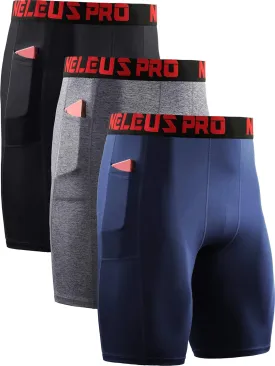 NELEUS Men's 3 Pack Running Compression Shorts with Pockets