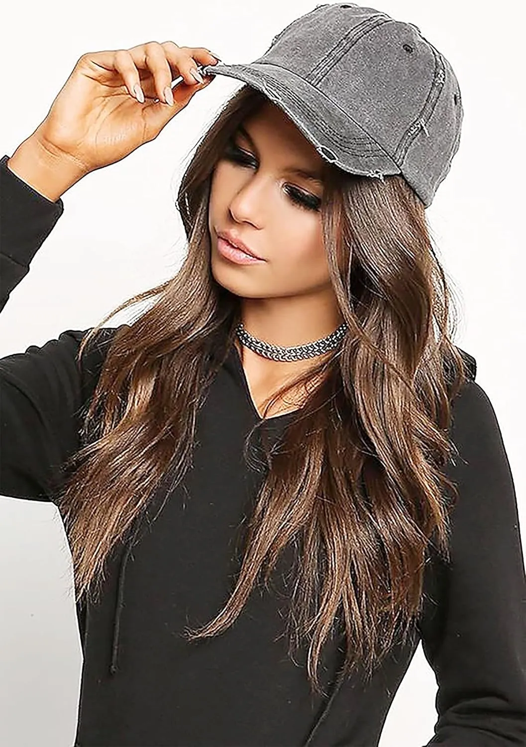 Ponytail Baseball Hat Distressed Retro Washed Womens Twill
