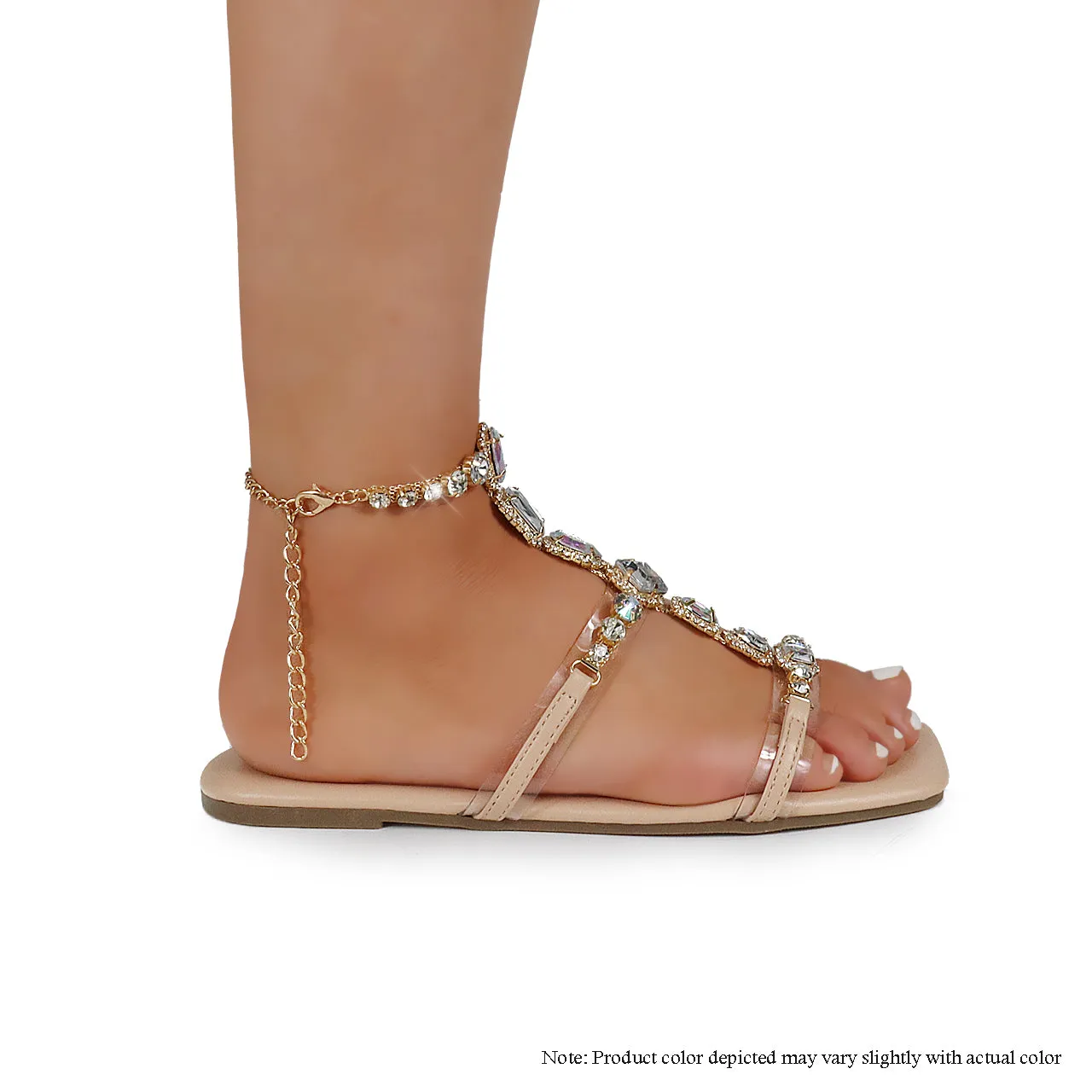 SHINEE-45 RHINESTONE FLAT SANDALS - NUDE