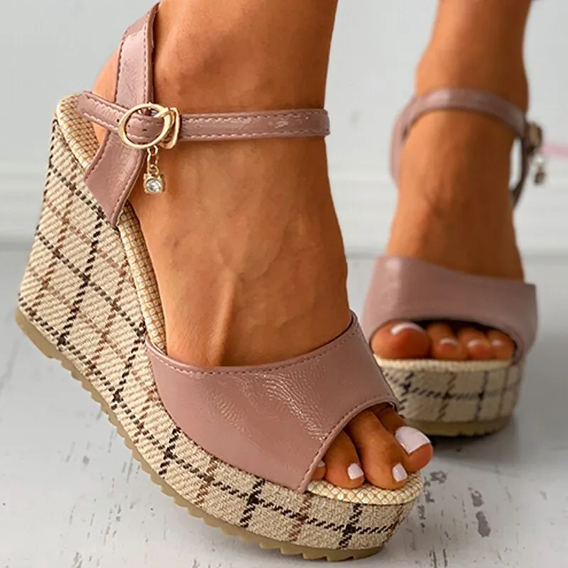 Women Sandals Plaid Peep Toe Buckle Strap Studded Decor Ladies Wedge Shoes Platform Summer Solid Color Comfort Female Footwear