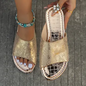 Women's metallic snakeskin patterned slides beach sandals